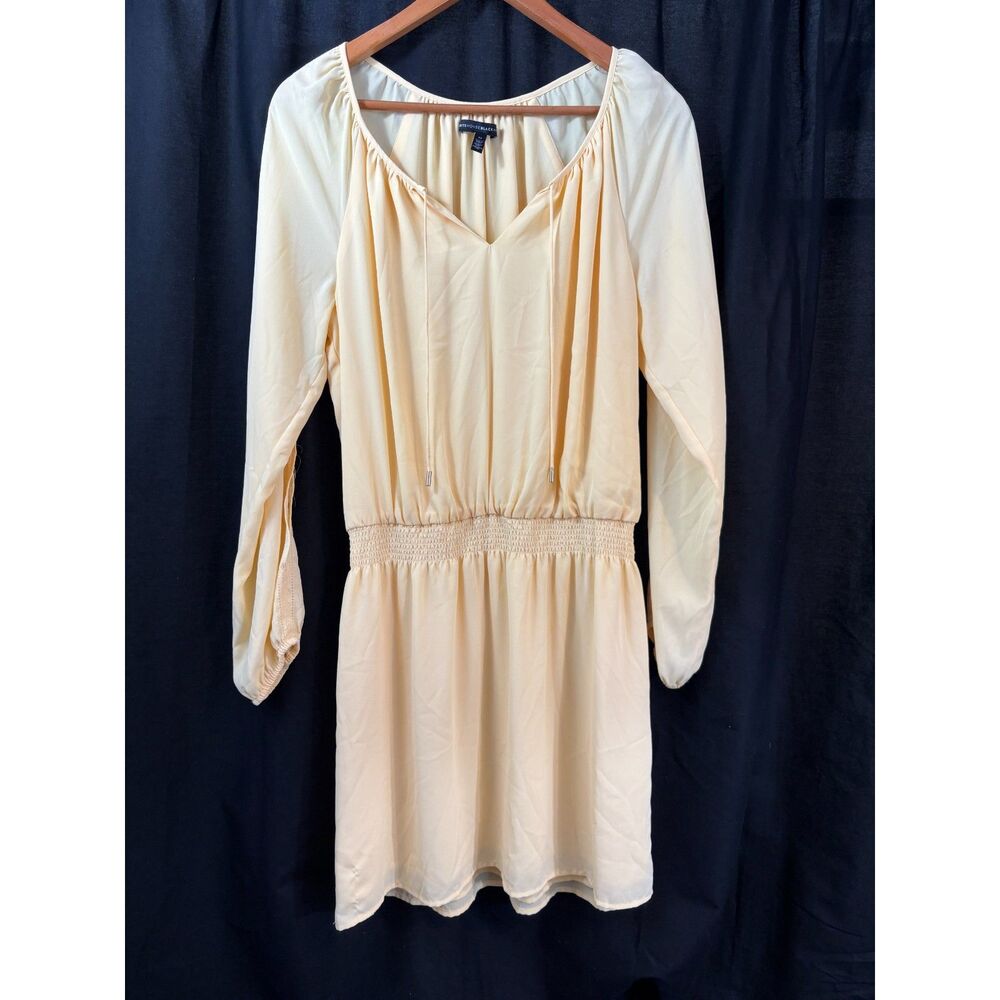 White House Black Market Pale Yellow Split Sleeve Dress 12 Smocked Waist